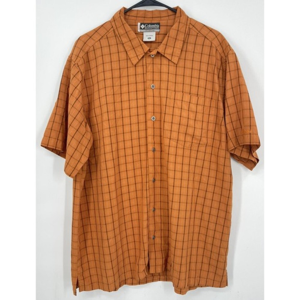 Columbia XL Button Down Shirt Mens Orange Brown Grid AM7993 Short Sleeve Pocket